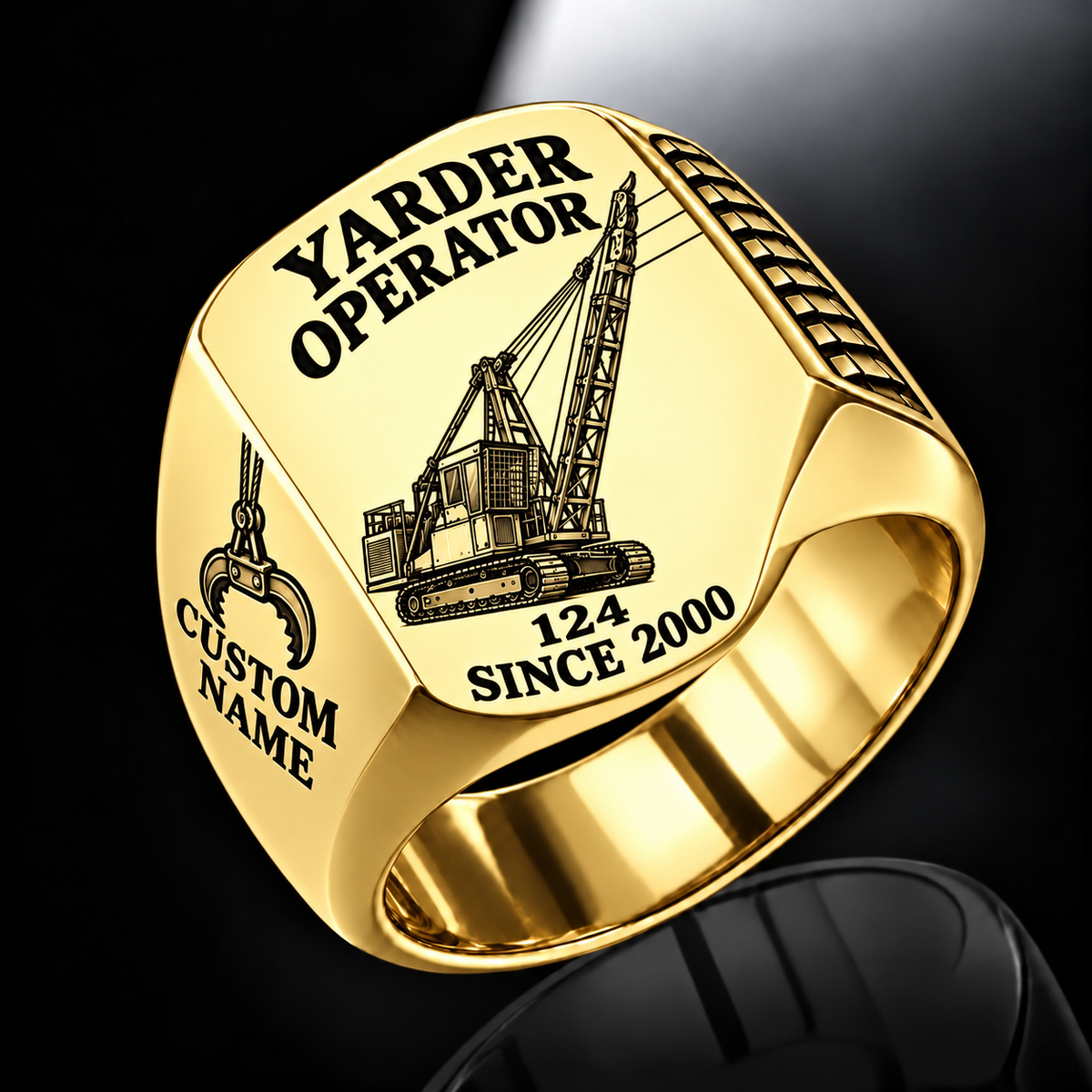 Madill 124 Yarder Operator Ring in Gold finish, flat engraving showing lattice boom, sheaves and cable rigging, CUSTOM NAME and SINCE 2000.