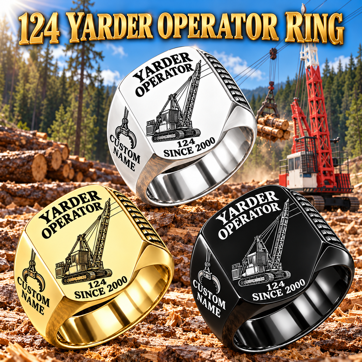Madill 124 Yarder Operator Ring: Silver, Gold and Black signet rings with flat machine engraving, CUSTOM NAME and SINCE 2000.