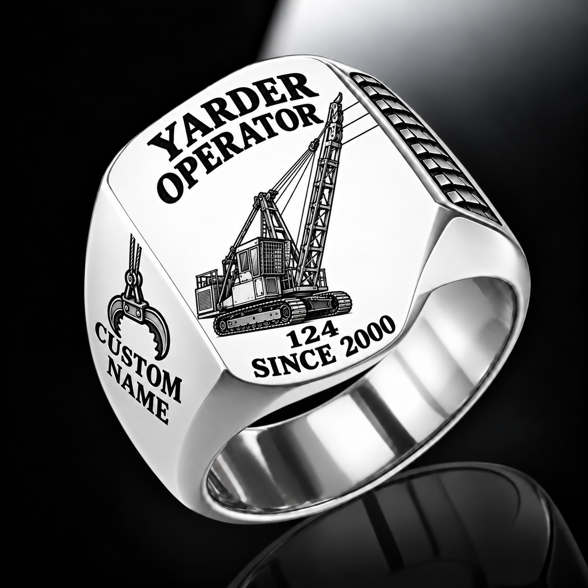 Madill 124 Yarder Operator Ring in Silver finish, flat engraving showing lattice boom, sheaves and cable rigging, CUSTOM NAME and SINCE 2000.