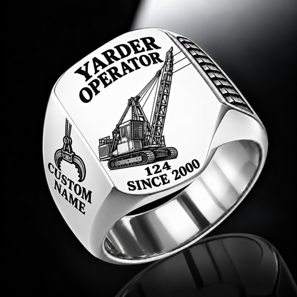 Madill 124 Yarder Operator Ring in Silver finish, flat engraving showing lattice boom, sheaves and cable rigging, CUSTOM NAME and SINCE 2000.