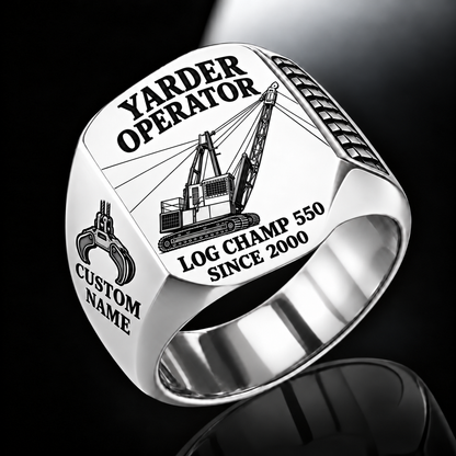 T-MAR Log Champ 550 Yarder Operator Ring in Silver finish, flat engraving showing lattice boom, sheaves and cable rigging, CUSTOM NAME and SINCE 2000.