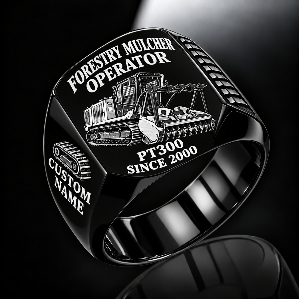 FAE PT300 Forestry Mulcher Operator Ring in Black finish, flat engraving showing front horizontal toothed mulching drum and push bar, CUSTOM NAME and SINCE 2000.