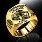 FAE PT300 Forestry Mulcher Operator Ring in Gold finish, flat engraving showing front horizontal toothed mulching drum and push bar, CUSTOM NAME and SINCE 2000.