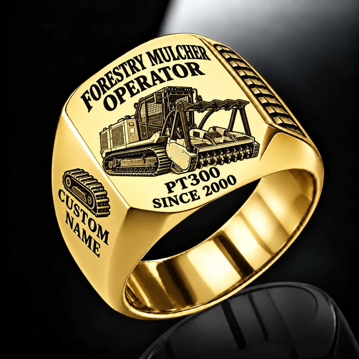 FAE PT300 Forestry Mulcher Operator Ring in Gold finish, flat engraving showing front horizontal toothed mulching drum and push bar, CUSTOM NAME and SINCE 2000.
