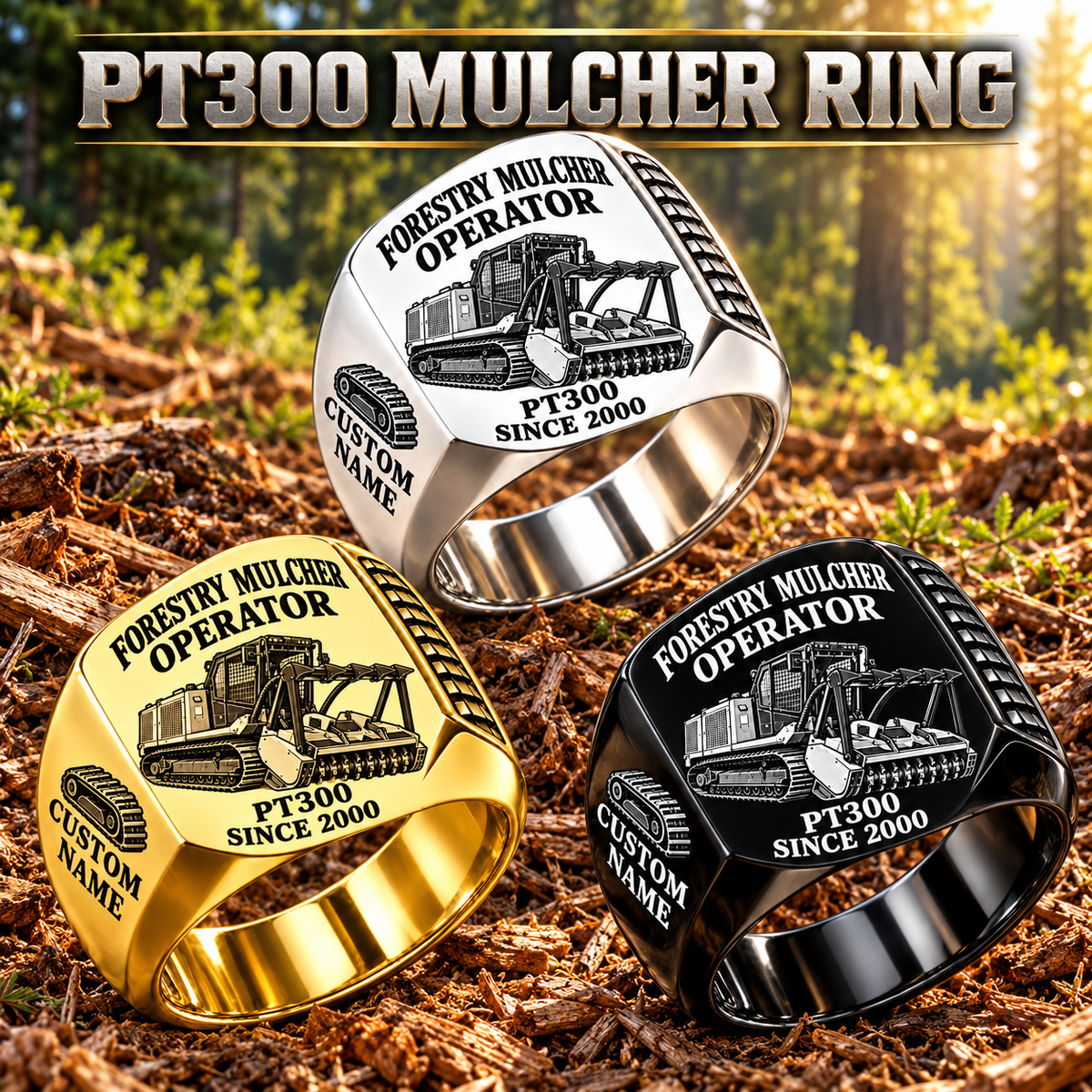 FAE PT300 Forestry Mulcher Operator Ring: Silver, Gold and Black signet rings with flat machine engraving, CUSTOM NAME and SINCE 2000.