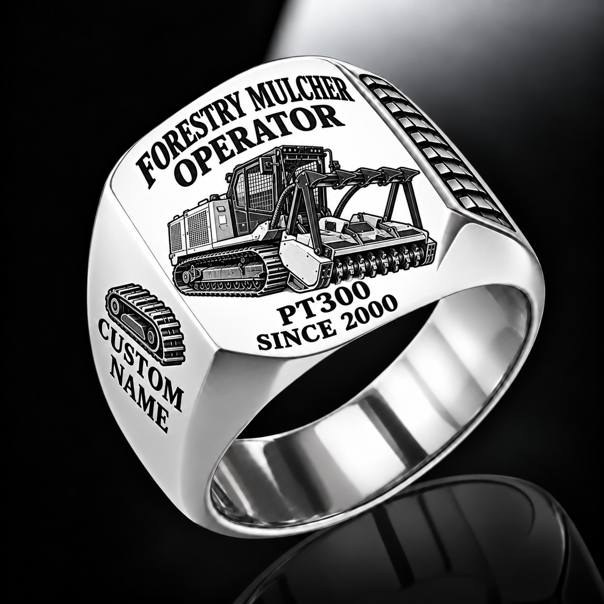 FAE PT300 Forestry Mulcher Operator Ring in Silver finish, flat engraving showing front horizontal toothed mulching drum and push bar, CUSTOM NAME and SINCE 2000.