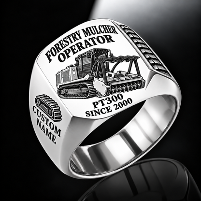 FAE PT300 Forestry Mulcher Operator Ring in Silver finish, flat engraving showing front horizontal toothed mulching drum and push bar, CUSTOM NAME and SINCE 2000.