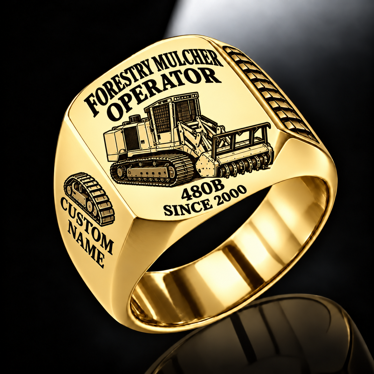 Tigercat 480B Forestry Mulcher Operator Ring in Gold finish, flat engraving showing front horizontal toothed mulching drum and push bar, CUSTOM NAME and SINCE 2000.