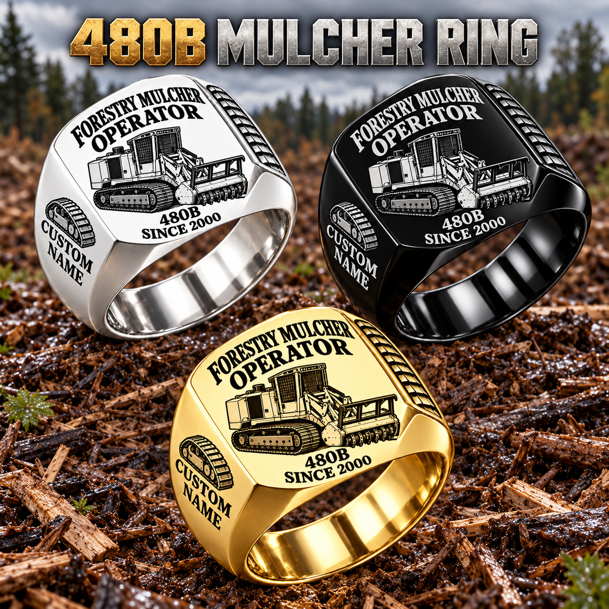 Tigercat 480B Forestry Mulcher Operator Ring: Silver, Gold and Black signet rings with flat machine engraving, CUSTOM NAME and SINCE 2000.