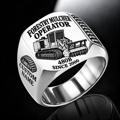 Tigercat 480B Forestry Mulcher Operator Ring in Silver finish, flat engraving showing front horizontal toothed mulching drum and push bar, CUSTOM NAME and SINCE 2000.
