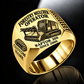Prinoth Raptor 300 Forestry Mulcher Operator Ring in Gold finish, flat engraving showing front horizontal toothed mulching drum and push bar, CUSTOM NAME and SINCE 2000.