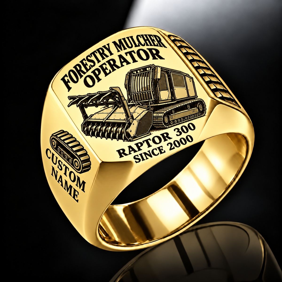Prinoth Raptor 300 Forestry Mulcher Operator Ring in Gold finish, flat engraving showing front horizontal toothed mulching drum and push bar, CUSTOM NAME and SINCE 2000.