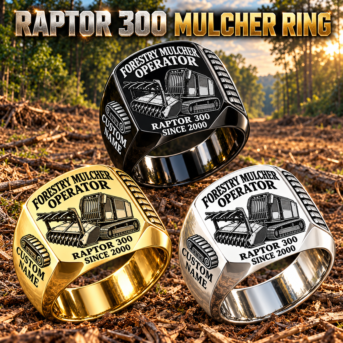 Prinoth Raptor 300 Forestry Mulcher Operator Ring: Silver, Gold and Black signet rings with flat machine engraving, CUSTOM NAME and SINCE 2000.