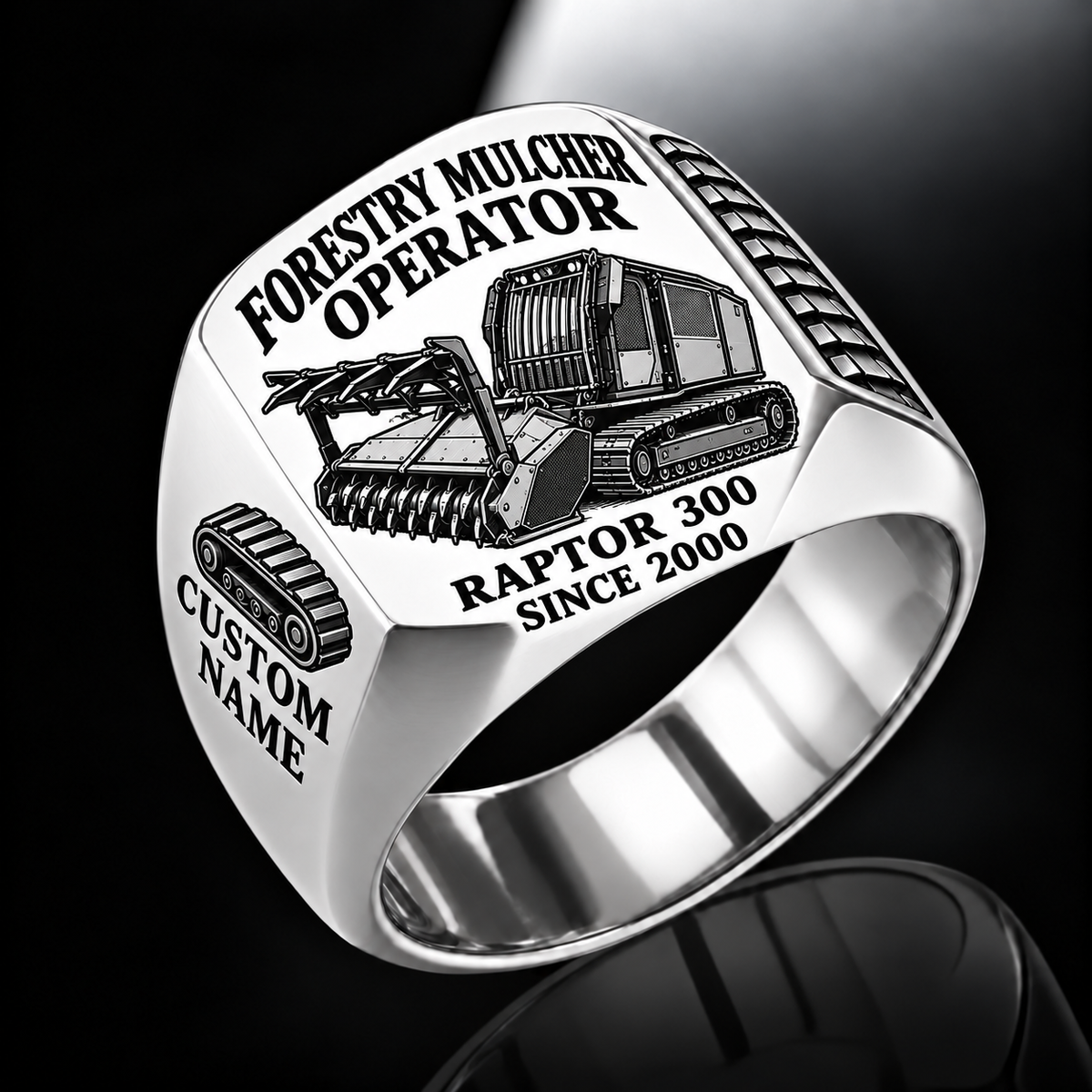 Prinoth Raptor 300 Forestry Mulcher Operator Ring in Silver finish, flat engraving showing front horizontal toothed mulching drum and push bar, CUSTOM NAME and SINCE 2000.