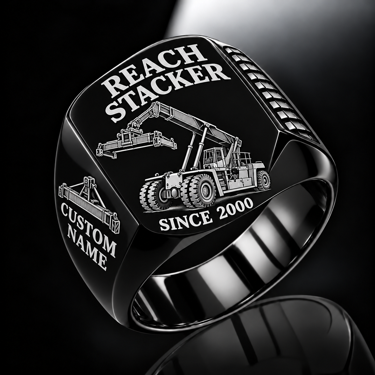 Black finish Kalmar DRG450-65S5 Reach Stacker Signet Ring with DRG450-65S5 machine engraving, CUSTOM NAME and SINCE 2000 sample text.