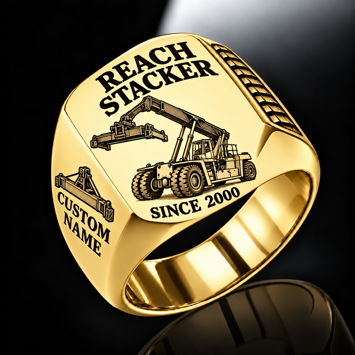 Gold finish Kalmar DRG450-65S5 Reach Stacker Signet Ring with DRG450-65S5 machine engraving, CUSTOM NAME and SINCE 2000 sample text.