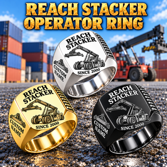 Kalmar DRG450-65S5 Reach Stacker Signet Ring: Silver, Gold and Black signet rings with DRG450-65S5 machine engraving, CUSTOM NAME and SINCE 2000 sample text.