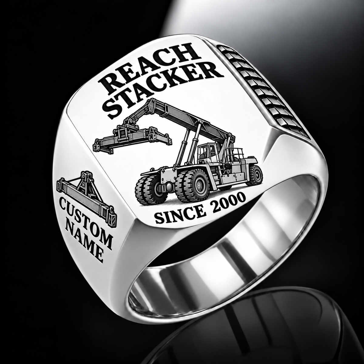 Silver finish Kalmar DRG450-65S5 Reach Stacker Signet Ring with DRG450-65S5 machine engraving, CUSTOM NAME and SINCE 2000 sample text.