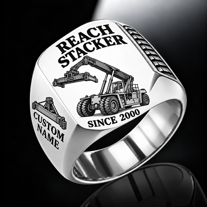 Silver finish Kalmar DRG450-65S5 Reach Stacker Signet Ring with DRG450-65S5 machine engraving, CUSTOM NAME and SINCE 2000 sample text.
