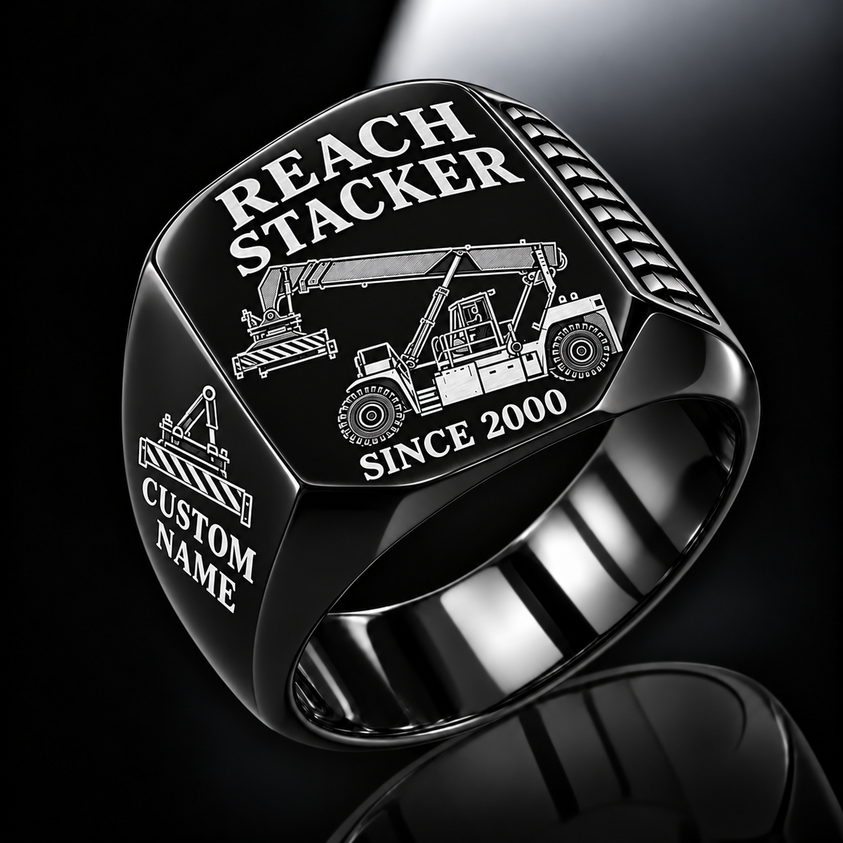 Hyster RS46-33XD/62 reach stacker signet ring, black finish, CUSTOM NAME and SINCE 2000 sample engraving
