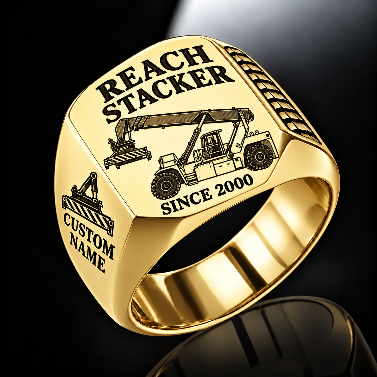 Hyster RS46-33XD/62 reach stacker signet ring, gold finish, CUSTOM NAME and SINCE 2000 sample engraving