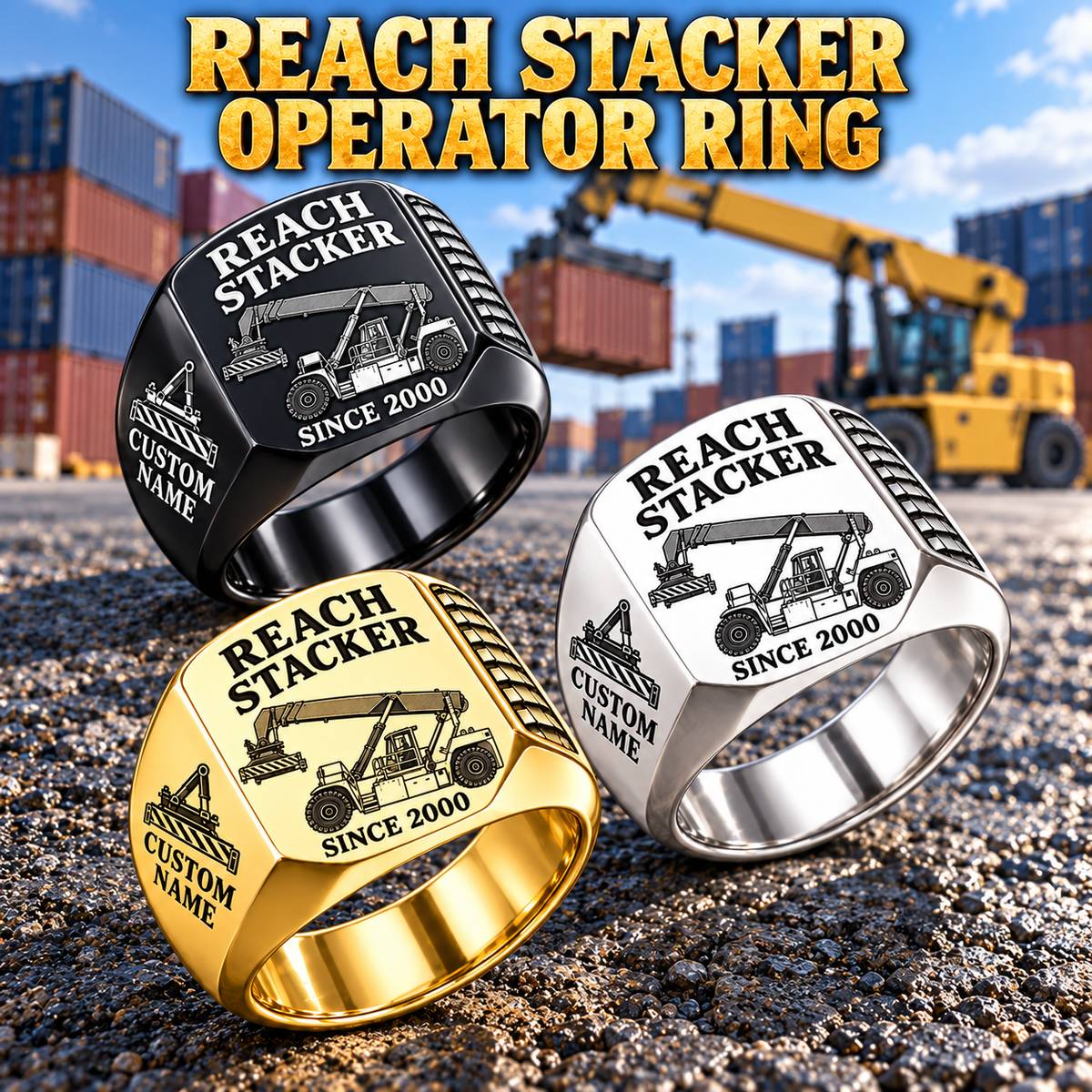 Hyster RS46-33XD/62 reach stacker signet ring, Silver, Gold and Black finishes, CUSTOM NAME and SINCE 2000 sample engraving