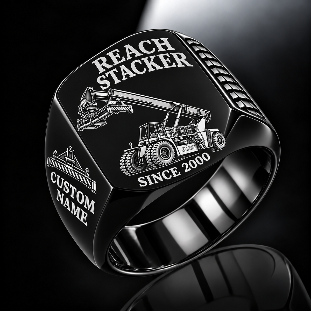 Black finish Taylor XRS-9972 Reach Stacker Signet Ring with XRS-9972 machine engraving, CUSTOM NAME and SINCE 2000 sample text.