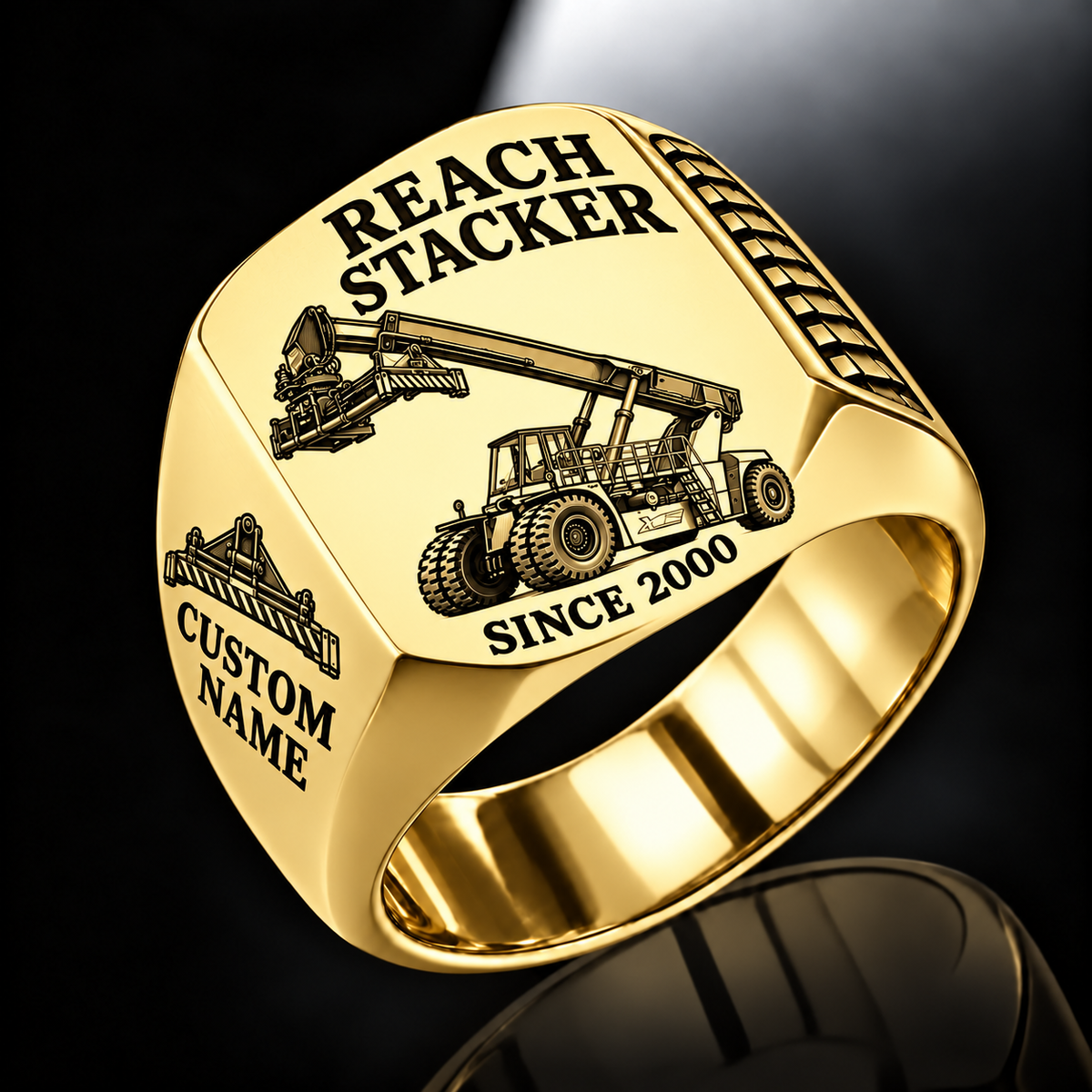 Gold finish Taylor XRS-9972 Reach Stacker Signet Ring with XRS-9972 machine engraving, CUSTOM NAME and SINCE 2000 sample text.