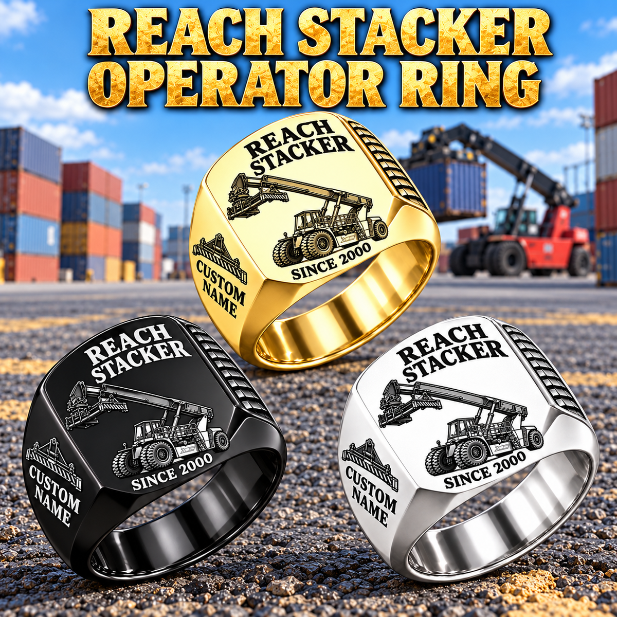 Taylor XRS-9972 Reach Stacker Signet Ring: Silver, Gold and Black signet rings with XRS-9972 machine engraving, CUSTOM NAME and SINCE 2000 sample text.