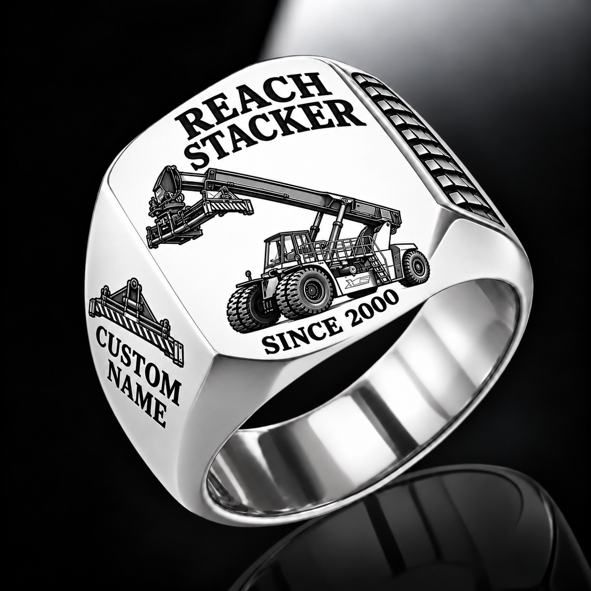 Silver finish Taylor XRS-9972 Reach Stacker Signet Ring with XRS-9972 machine engraving, CUSTOM NAME and SINCE 2000 sample text.