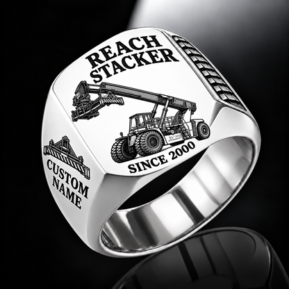 Silver finish Taylor XRS-9972 Reach Stacker Signet Ring with XRS-9972 machine engraving, CUSTOM NAME and SINCE 2000 sample text.