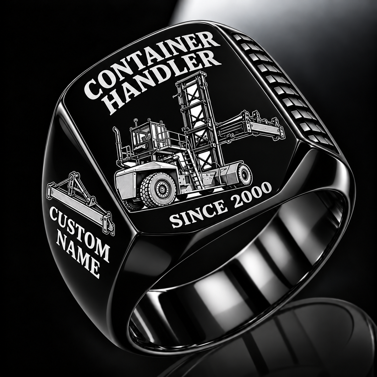 Black finish Taylor XLC-975 Container Handler Signet Ring with XLC-975 machine engraving, CUSTOM NAME and SINCE 2000 sample text.