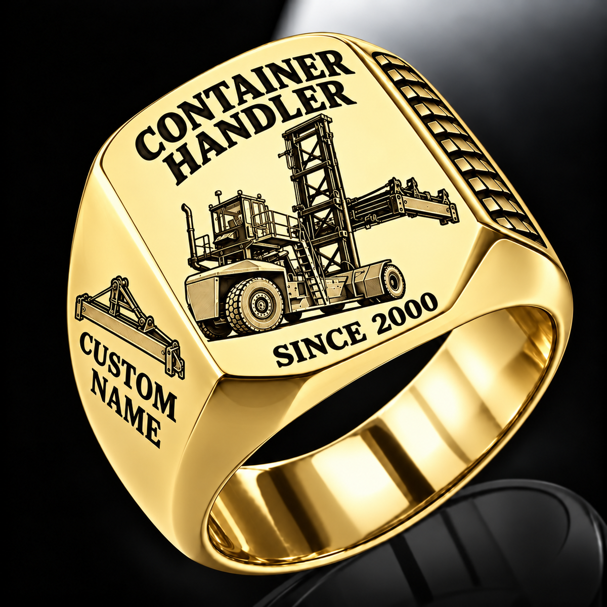 Gold finish Taylor XLC-975 Container Handler Signet Ring with XLC-975 machine engraving, CUSTOM NAME and SINCE 2000 sample text.