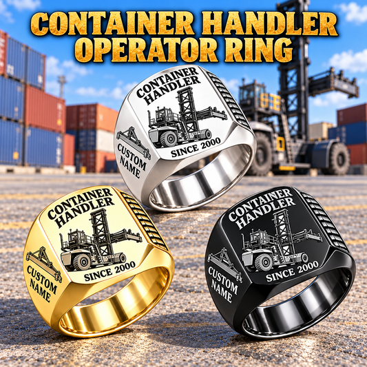 Taylor XLC-975 Container Handler Signet Ring: Silver, Gold and Black signet rings with XLC-975 machine engraving, CUSTOM NAME and SINCE 2000 sample text.