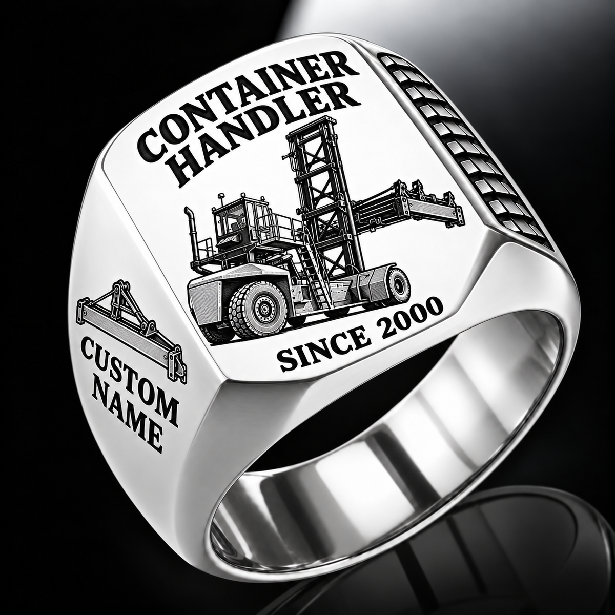 Silver finish Taylor XLC-975 Container Handler Signet Ring with XLC-975 machine engraving, CUSTOM NAME and SINCE 2000 sample text.