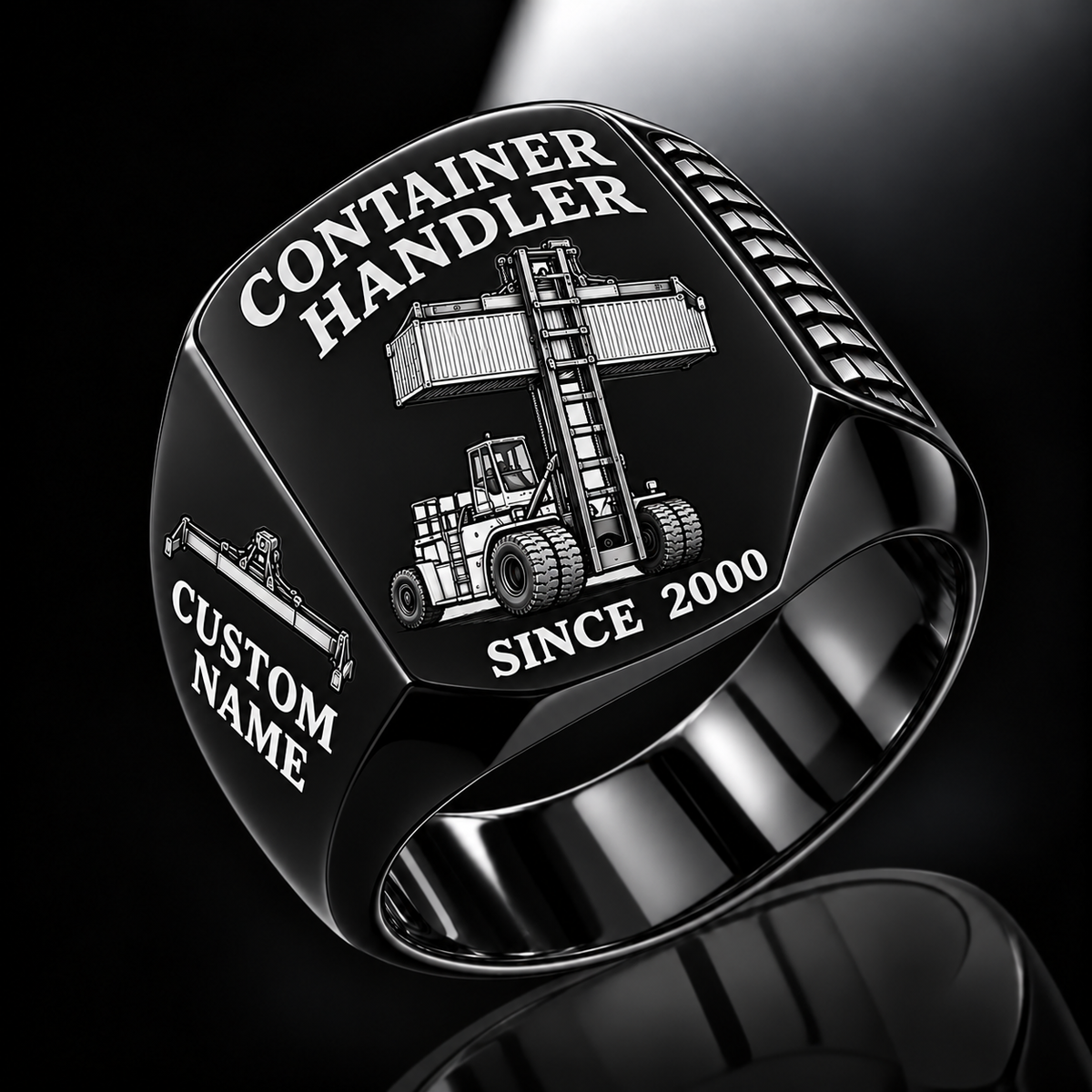 Black finish Hyster H1050XD-CH5 Container Handler Signet Ring with H1050XD-CH5 machine engraving, CUSTOM NAME and SINCE 2000 sample text.