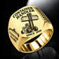 Gold finish Hyster H1050XD-CH5 Container Handler Signet Ring with H1050XD-CH5 machine engraving, CUSTOM NAME and SINCE 2000 sample text.
