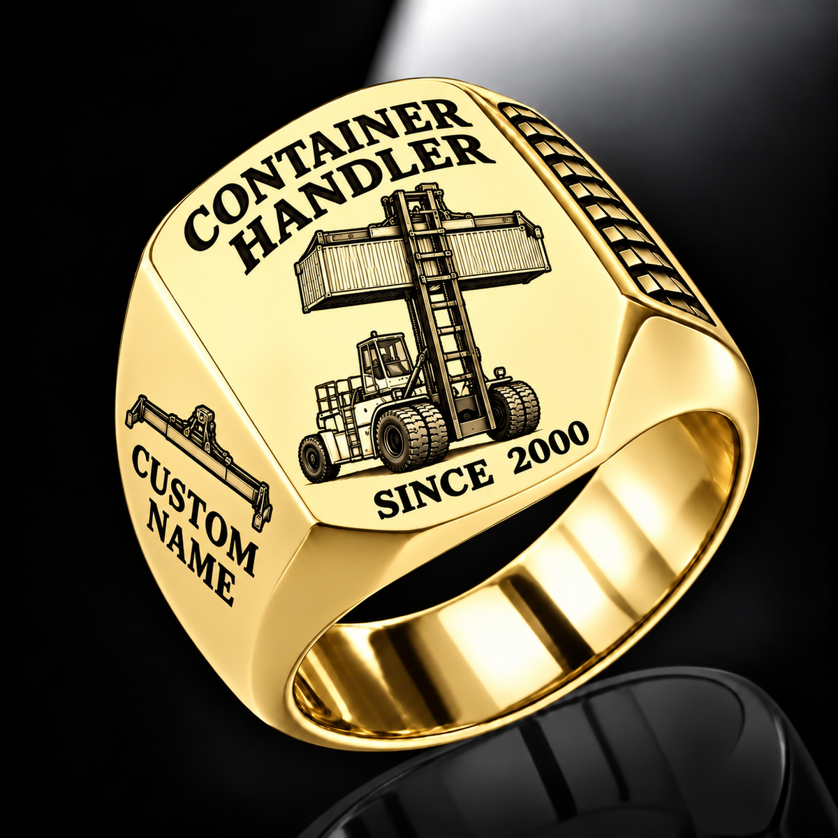 Gold finish Hyster H1050XD-CH5 Container Handler Signet Ring with H1050XD-CH5 machine engraving, CUSTOM NAME and SINCE 2000 sample text.