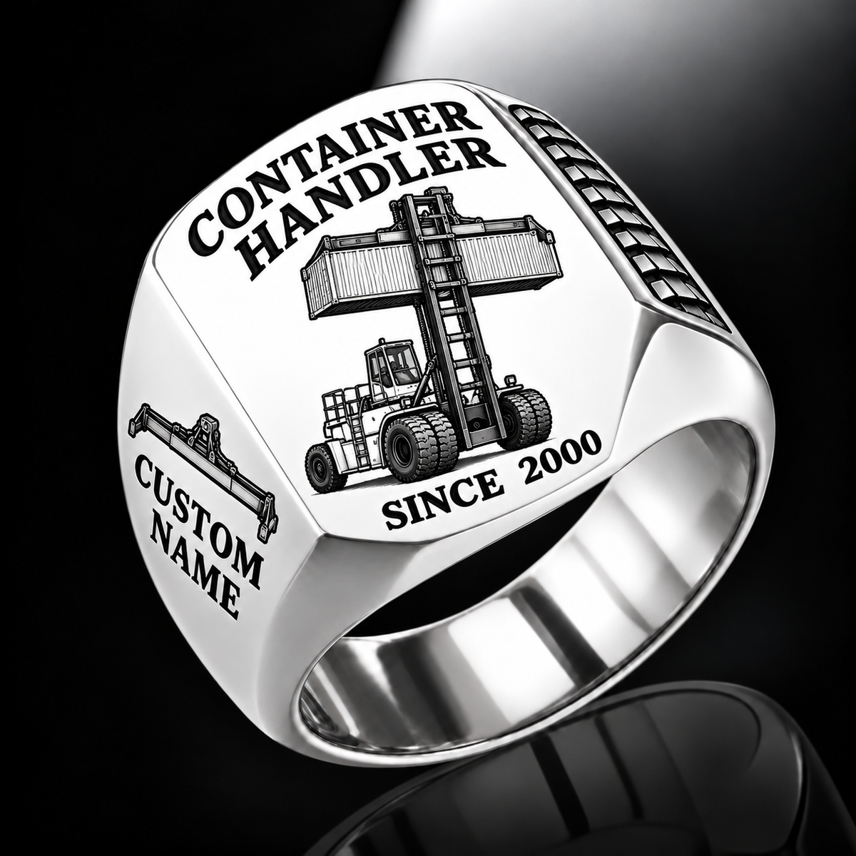Silver finish Hyster H1050XD-CH5 Container Handler Signet Ring with H1050XD-CH5 machine engraving, CUSTOM NAME and SINCE 2000 sample text.