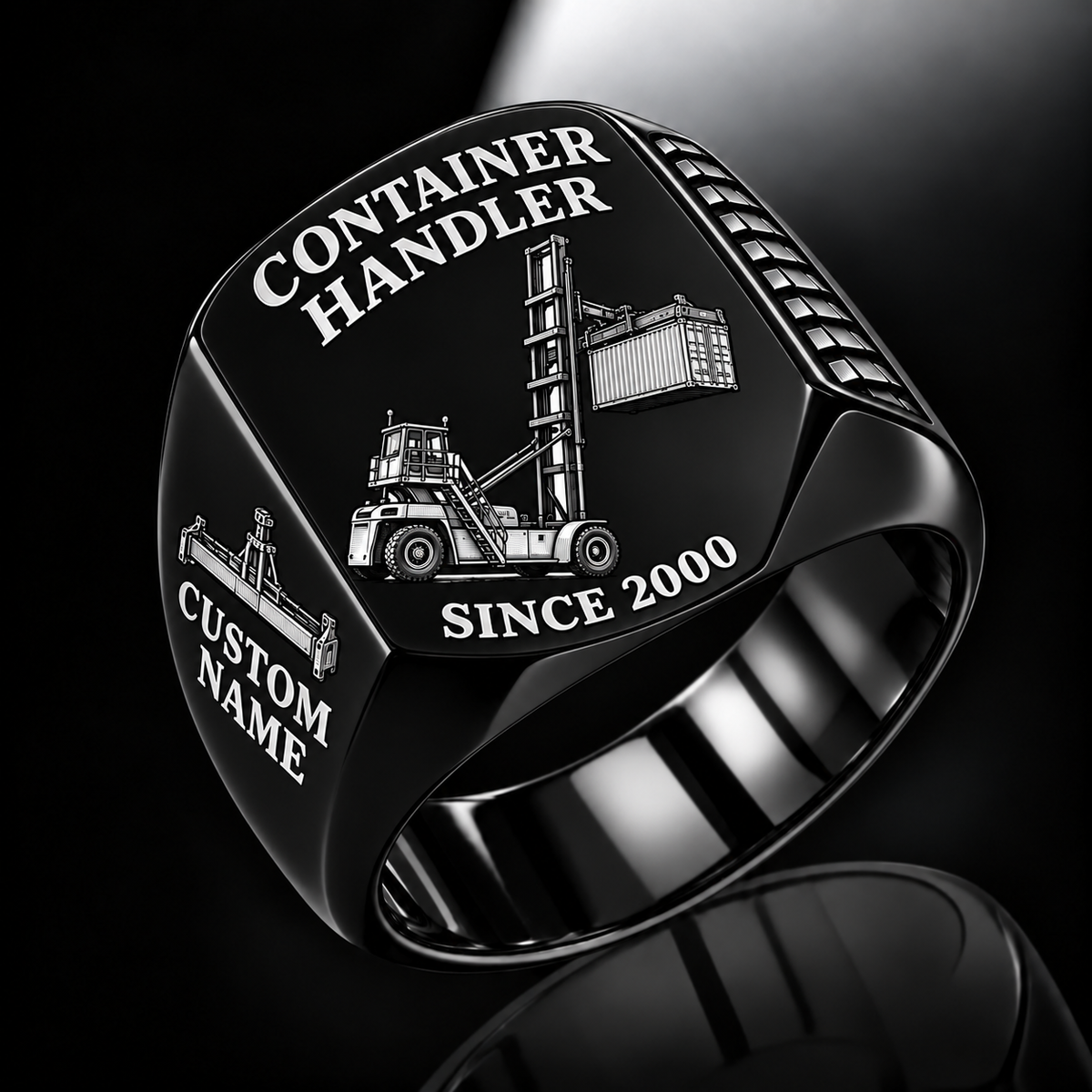 Black finish Taylor XEC-207/8 Empty Container Handler Signet Ring with XEC-207/8 machine engraving, CUSTOM NAME and SINCE 2000 sample text.