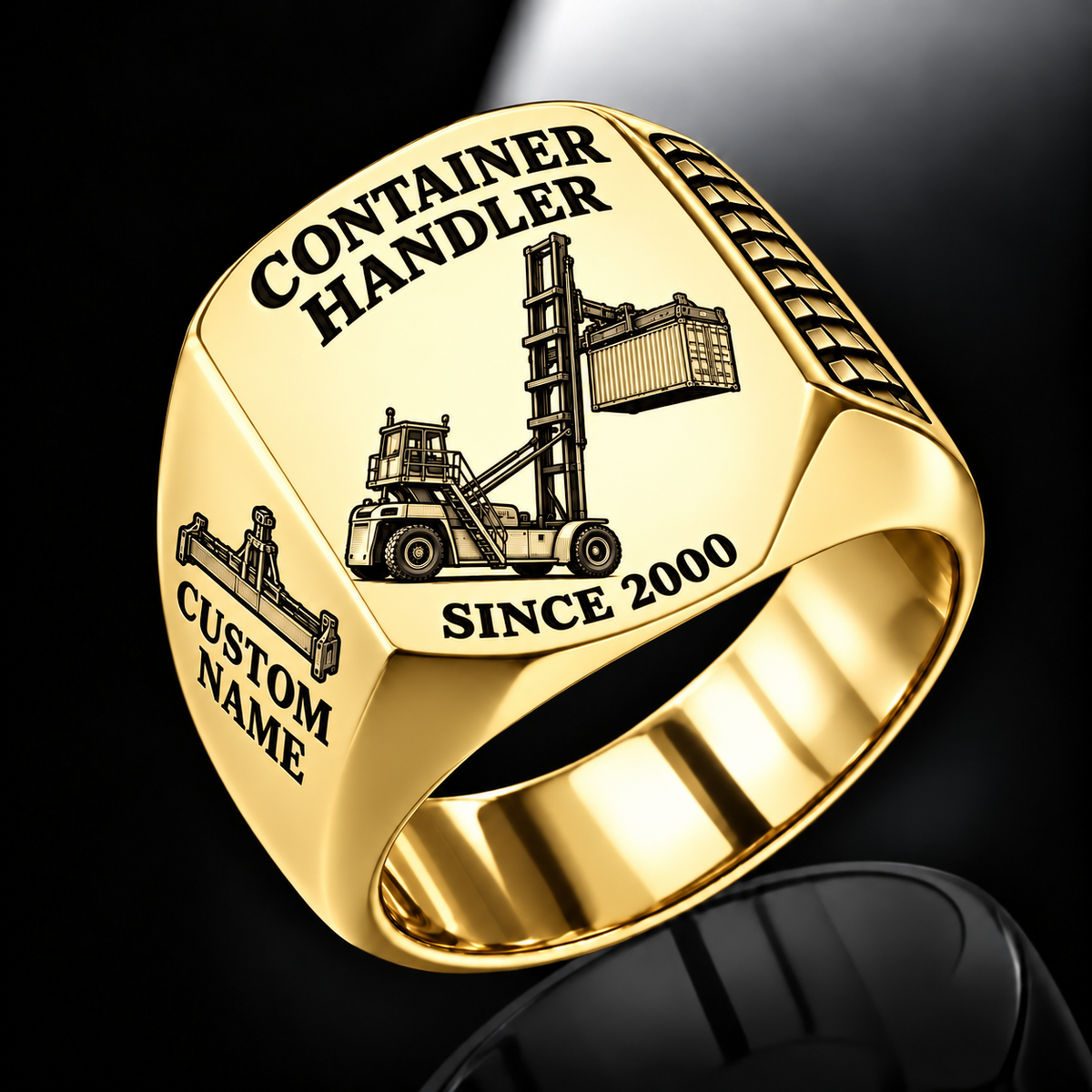 Gold finish Taylor XEC-207/8 Empty Container Handler Signet Ring with XEC-207/8 machine engraving, CUSTOM NAME and SINCE 2000 sample text.