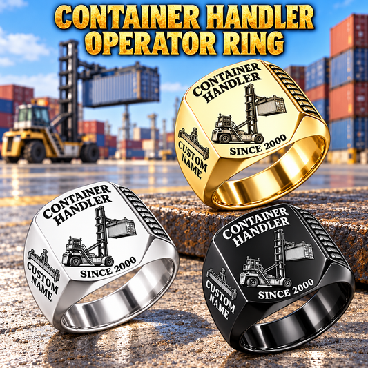 Taylor XEC-207/8 Empty Container Handler Signet Ring: Silver, Gold and Black signet rings with XEC-207/8 machine engraving, CUSTOM NAME and SINCE 2000 sample text.