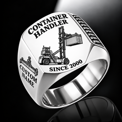 Silver finish Taylor XEC-207/8 Empty Container Handler Signet Ring with XEC-207/8 machine engraving, CUSTOM NAME and SINCE 2000 sample text.