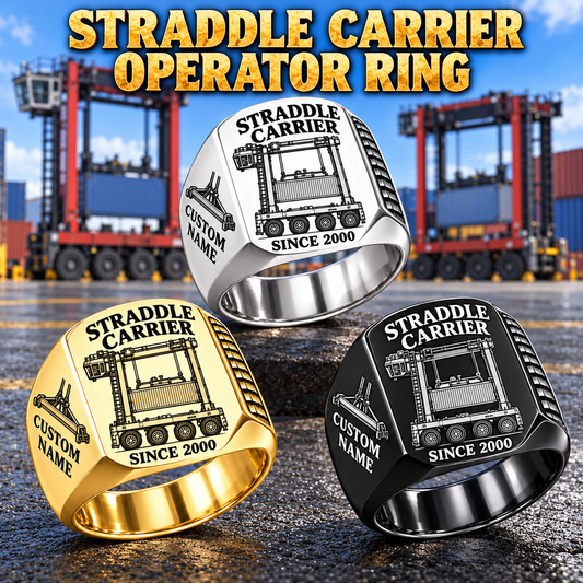 Kalmar Hybrid Straddle Carrier Signet Ring - Maher Configuration: Silver, Gold and Black signet rings with Hybrid Straddle Carrier - Maher configuration machine engraving, CUSTOM NAME and SINCE 2000 sample text.