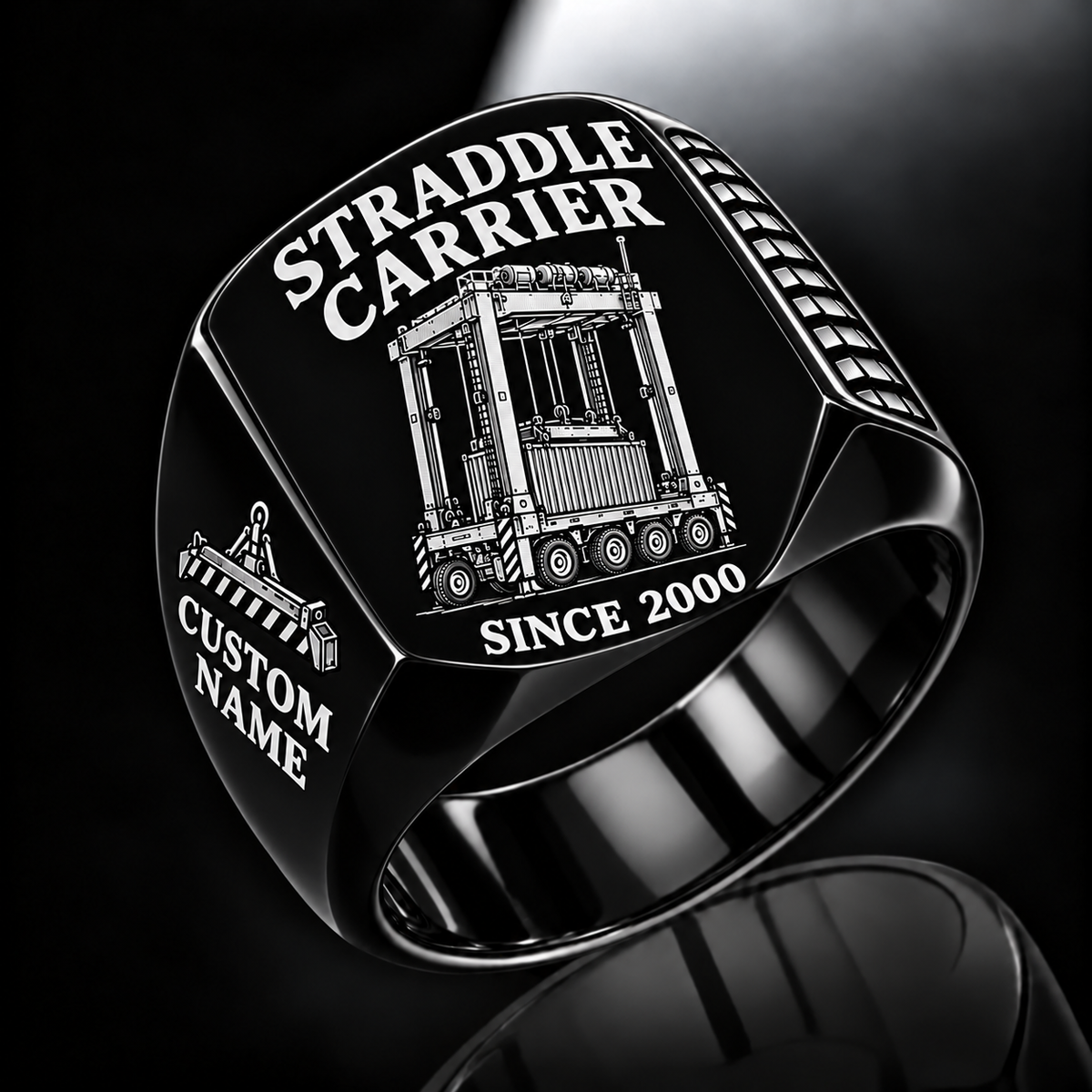 Black finish Kalmar AutoStrad Hybrid Straddle Carrier Signet Ring - TraPac Configuration with AutoStrad Hybrid - TraPac configuration machine engraving, CUSTOM NAME and SINCE 2000 sample text.