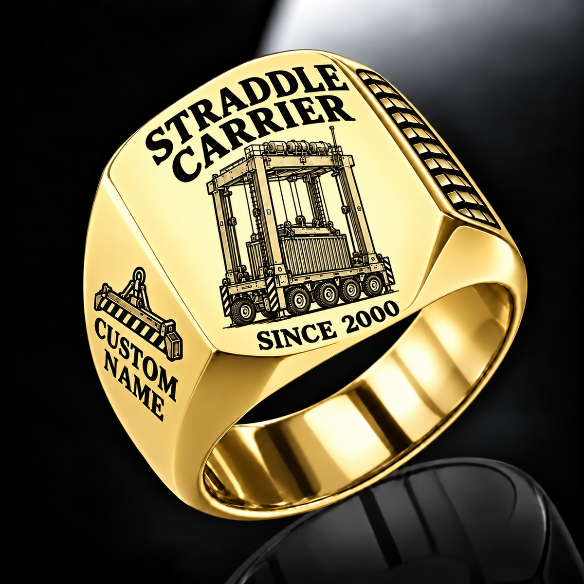 Gold finish Kalmar AutoStrad Hybrid Straddle Carrier Signet Ring - TraPac Configuration with AutoStrad Hybrid - TraPac configuration machine engraving, CUSTOM NAME and SINCE 2000 sample text.