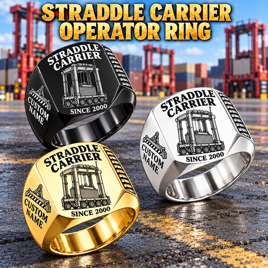 Kalmar AutoStrad Hybrid Straddle Carrier Signet Ring - TraPac Configuration: Silver, Gold and Black signet rings with AutoStrad Hybrid - TraPac configuration machine engraving, CUSTOM NAME and SINCE 2000 sample text.