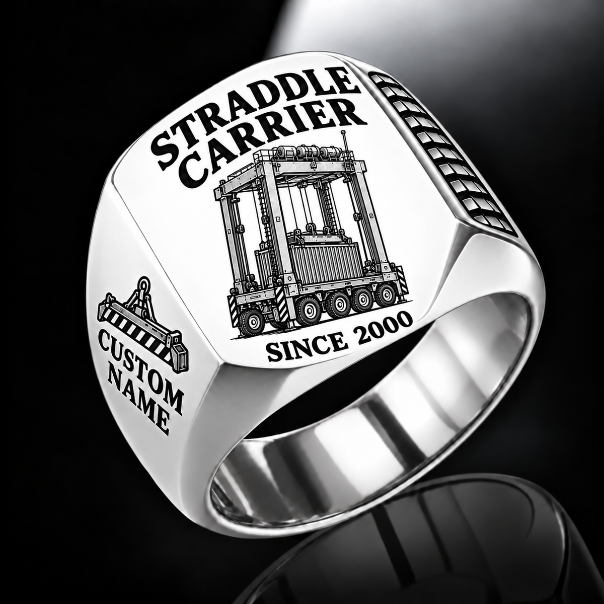 Silver finish Kalmar AutoStrad Hybrid Straddle Carrier Signet Ring - TraPac Configuration with AutoStrad Hybrid - TraPac configuration machine engraving, CUSTOM NAME and SINCE 2000 sample text.