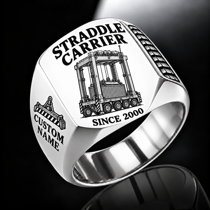 Silver finish Kalmar AutoStrad Hybrid Straddle Carrier Signet Ring - TraPac Configuration with AutoStrad Hybrid - TraPac configuration machine engraving, CUSTOM NAME and SINCE 2000 sample text.