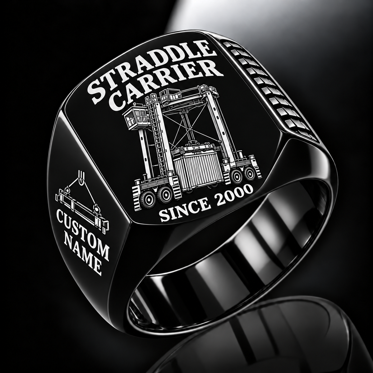 Black finish Konecranes Noell Hybrid Straddle Carrier Signet Ring - PNCT Configuration with Hybrid Straddle Carrier - PNCT configuration machine engraving, CUSTOM NAME and SINCE 2000 sample text.